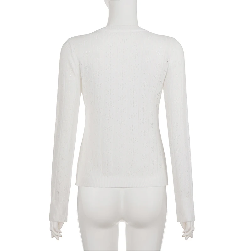 Women V Neck Hollow Out Sweaters Long Sleeve Button Slim Fit White Cropped Casual Y2K Aesthetics Fall Jacquard Knit Cardigan New