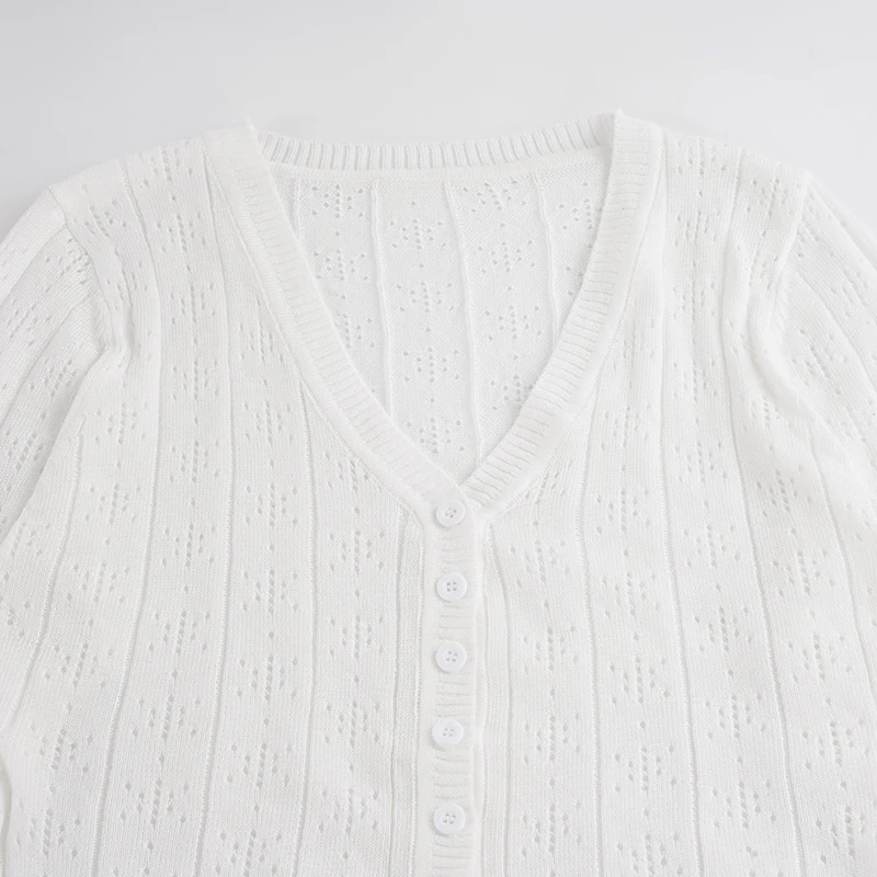Women V Neck Hollow Out Sweaters Long Sleeve Button Slim Fit White Cropped Casual Y2K Aesthetics Fall Jacquard Knit Cardigan New