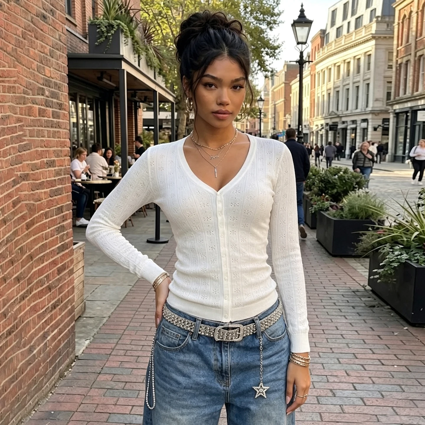 Women V Neck Hollow Out Sweaters Long Sleeve Button Slim Fit White Cropped Casual Y2K Aesthetics Fall Jacquard Knit Cardigan New