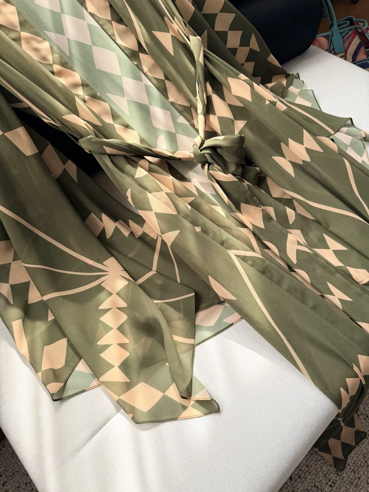 Classic waist slimming geometric pattern printed cloak jacket elastic waist straight leg pants elegant vacation women's set
