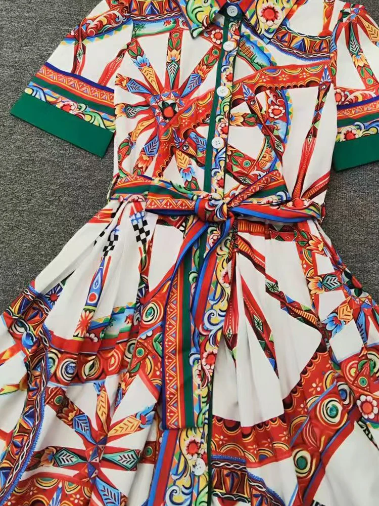 Designer style retro geometric print lapel tie waist dress 2026 summer women's fashionable loose straight leg shirt skirt