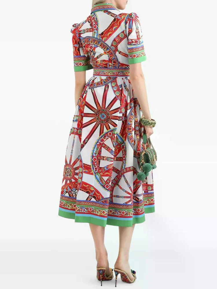 Designer style retro geometric print lapel tie waist dress 2026 summer women's fashionable loose straight leg shirt skirt
