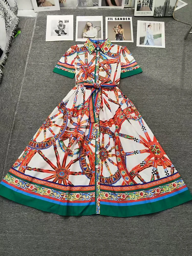 Designer style retro geometric print lapel tie waist dress 2026 summer women's fashionable loose straight leg shirt skirt