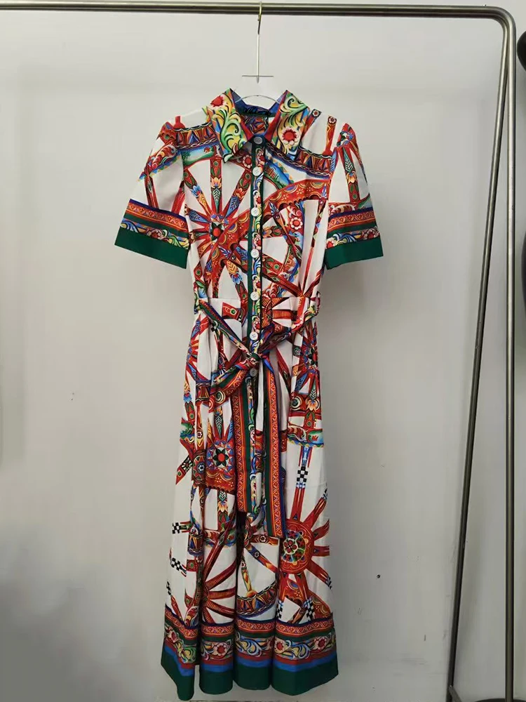 Designer style retro geometric print lapel tie waist dress 2026 summer women's fashionable loose straight leg shirt skirt