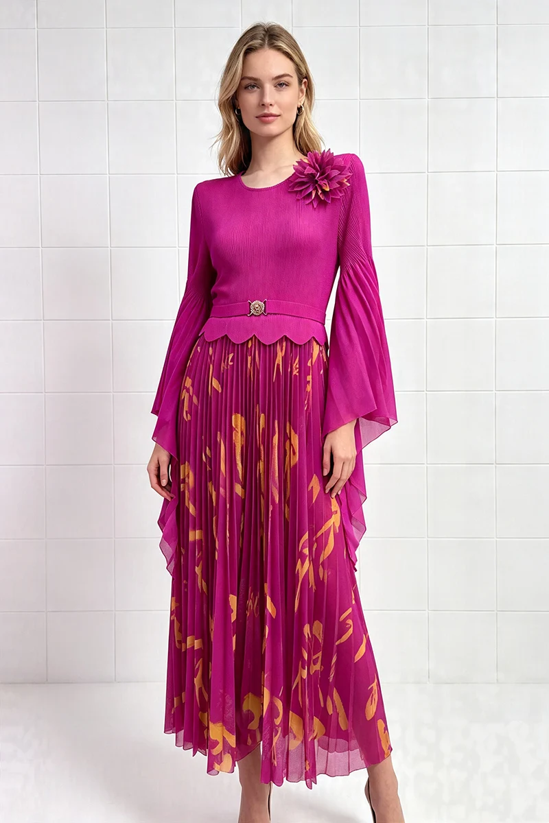 Miyake Pleated Dress Fuchsia Floral Print Bell Sleeve 3D Flower Shoulder Belted Midi Skirt Women Elegant Party Gown