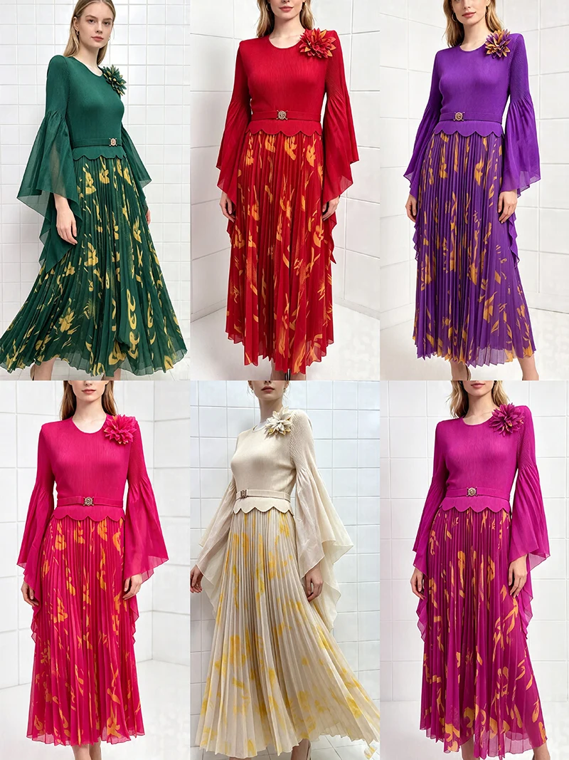 Miyake Pleated Dress Fuchsia Floral Print Bell Sleeve 3D Flower Shoulder Belted Midi Skirt Women Elegant Party Gown