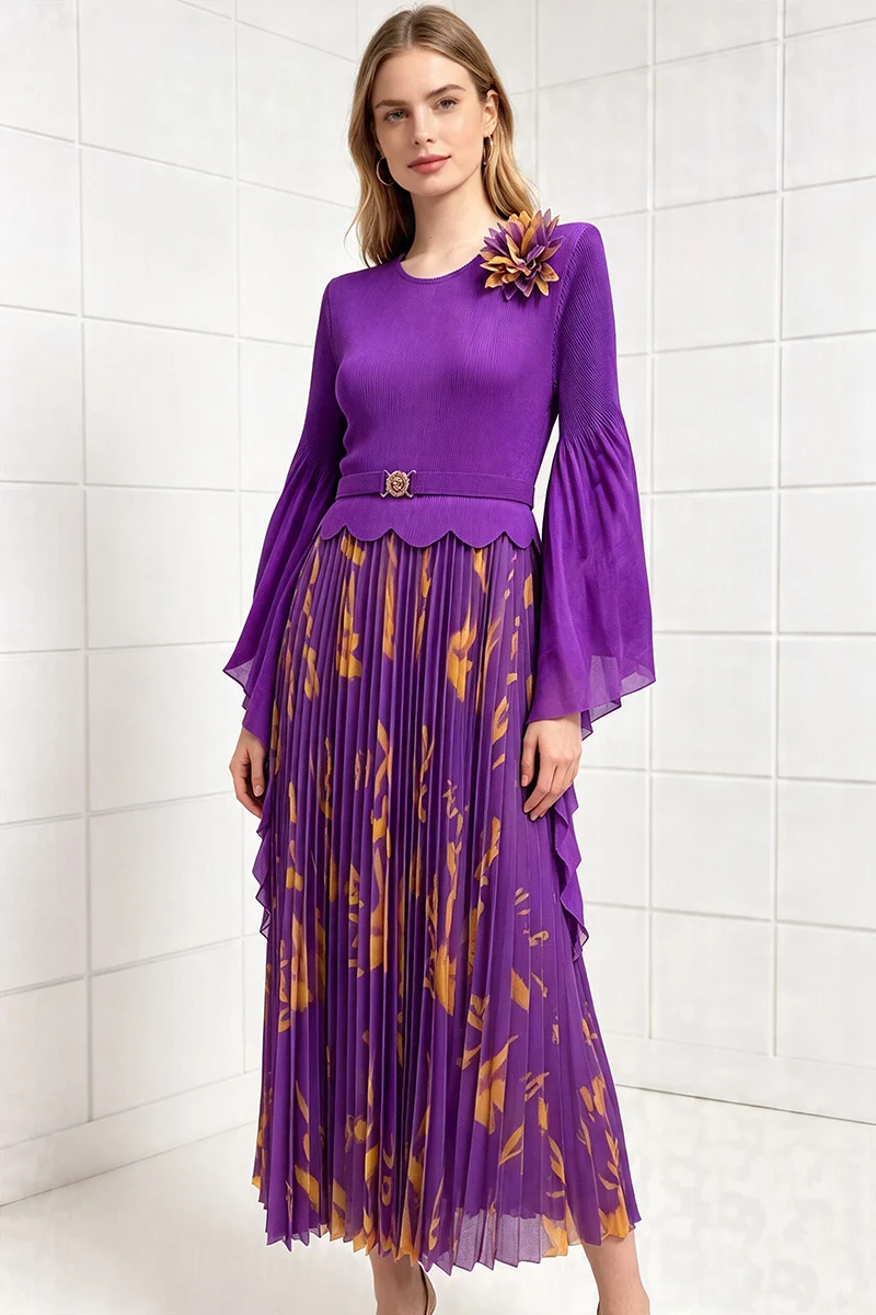 Miyake Pleated Dress Fuchsia Floral Print Bell Sleeve 3D Flower Shoulder Belted Midi Skirt Women Elegant Party Gown