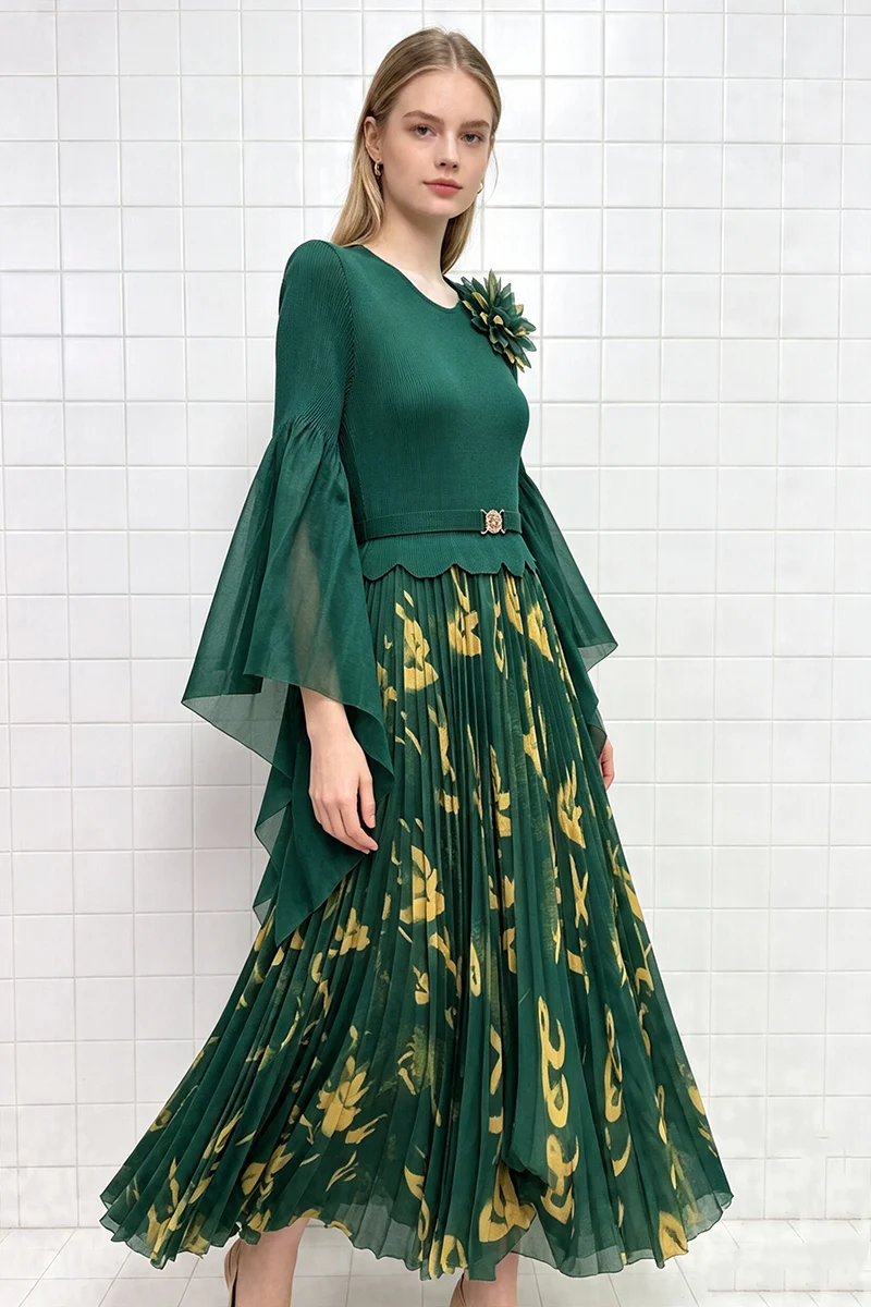 Miyake Pleated Dress Fuchsia Floral Print Bell Sleeve 3D Flower Shoulder Belted Midi Skirt Women Elegant Party Gown
