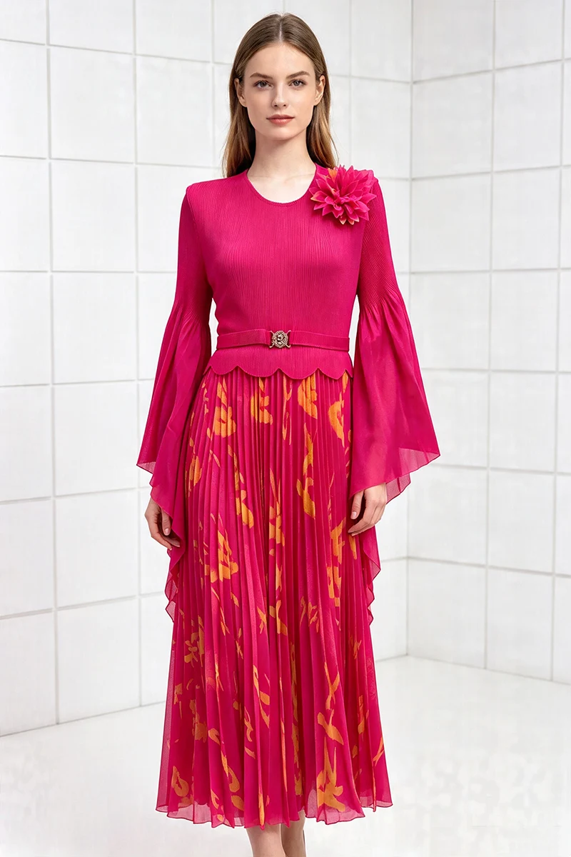 Miyake Pleated Dress Fuchsia Floral Print Bell Sleeve 3D Flower Shoulder Belted Midi Skirt Women Elegant Party Gown