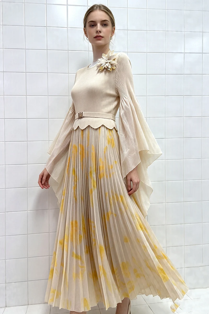 Miyake Pleated Dress Fuchsia Floral Print Bell Sleeve 3D Flower Shoulder Belted Midi Skirt Women Elegant Party Gown