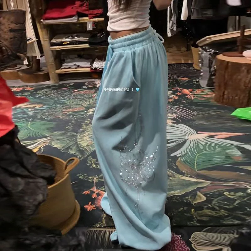 Women Y2K Baggy Sweatpants Super Loose Wide Leg Joggers Drawstring Waist Solid Casual Lounge Trousers Star Pattern Streetwear
