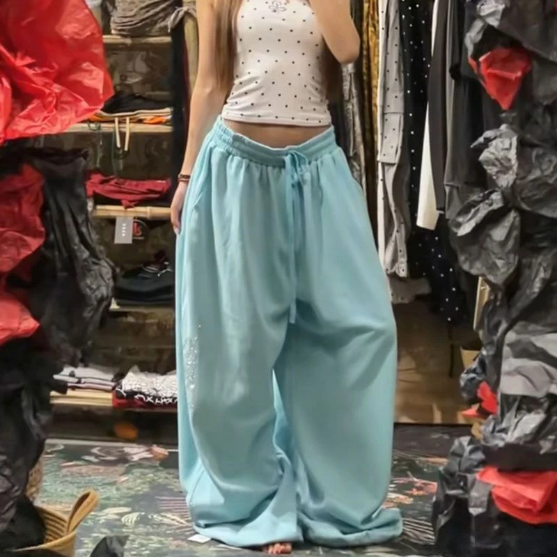 Women Y2K Baggy Sweatpants Super Loose Wide Leg Joggers Drawstring Waist Solid Casual Lounge Trousers Star Pattern Streetwear