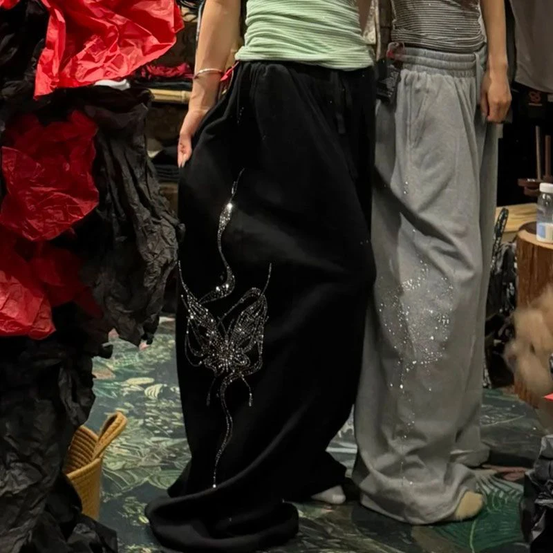 Women Y2K Baggy Sweatpants Super Loose Wide Leg Joggers Drawstring Waist Solid Casual Lounge Trousers Star Pattern Streetwear