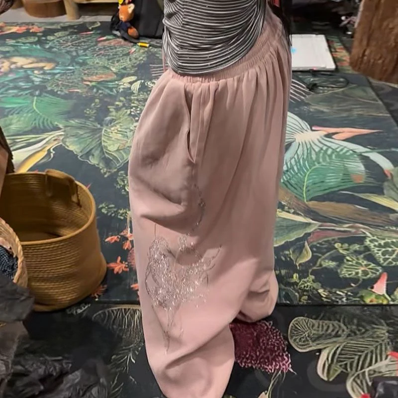 Women Y2K Baggy Sweatpants Super Loose Wide Leg Joggers Drawstring Waist Solid Casual Lounge Trousers Star Pattern Streetwear