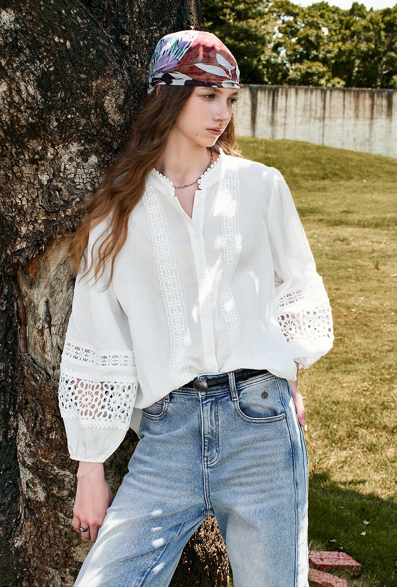 TOYOUTH Liberte Series Womens Lyocell Ramie Blouse 2026 Autumn New Lace Trim Lantern Sleeve Casual Shirt