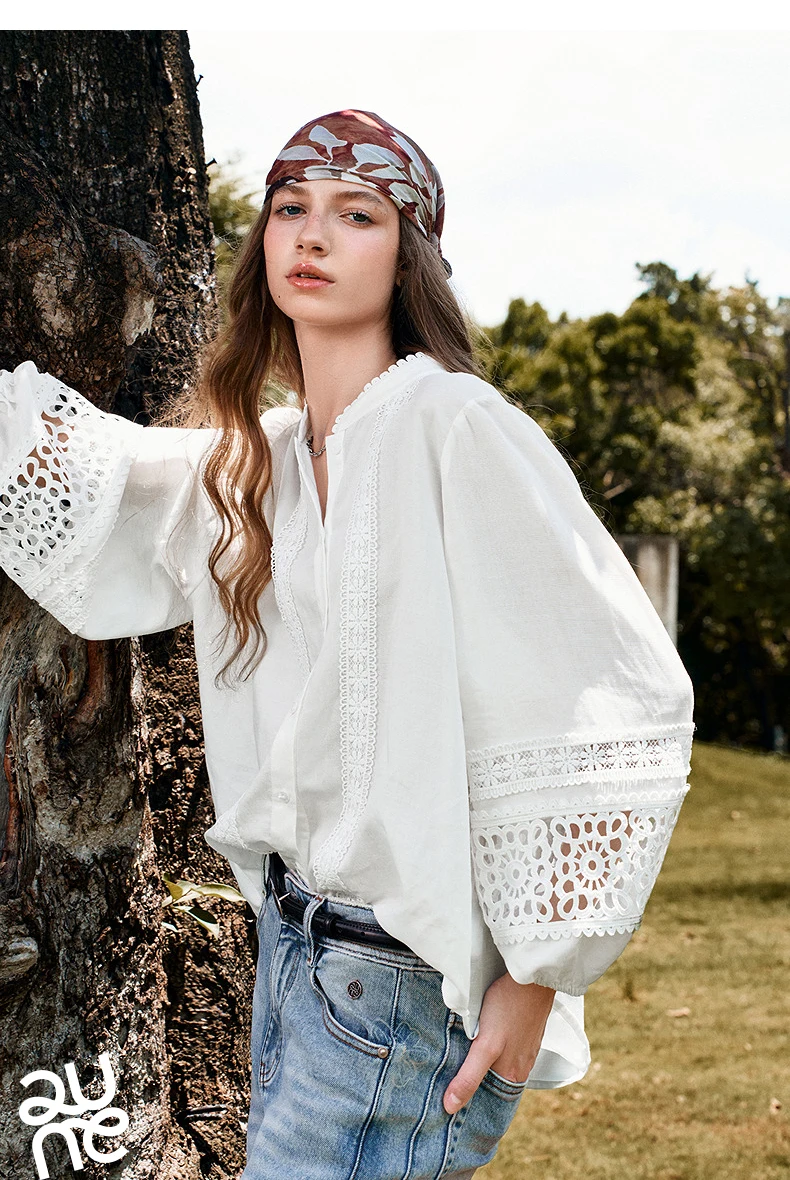 TOYOUTH Liberte Series Womens Lyocell Ramie Blouse 2026 Autumn New Lace Trim Lantern Sleeve Casual Shirt