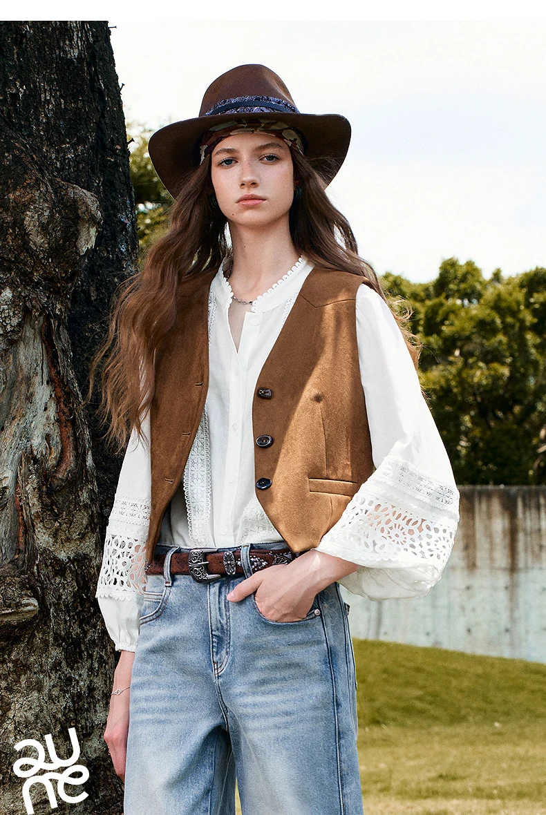 TOYOUTH Liberte Series Womens Lyocell Ramie Blouse 2026 Autumn New Lace Trim Lantern Sleeve Casual Shirt