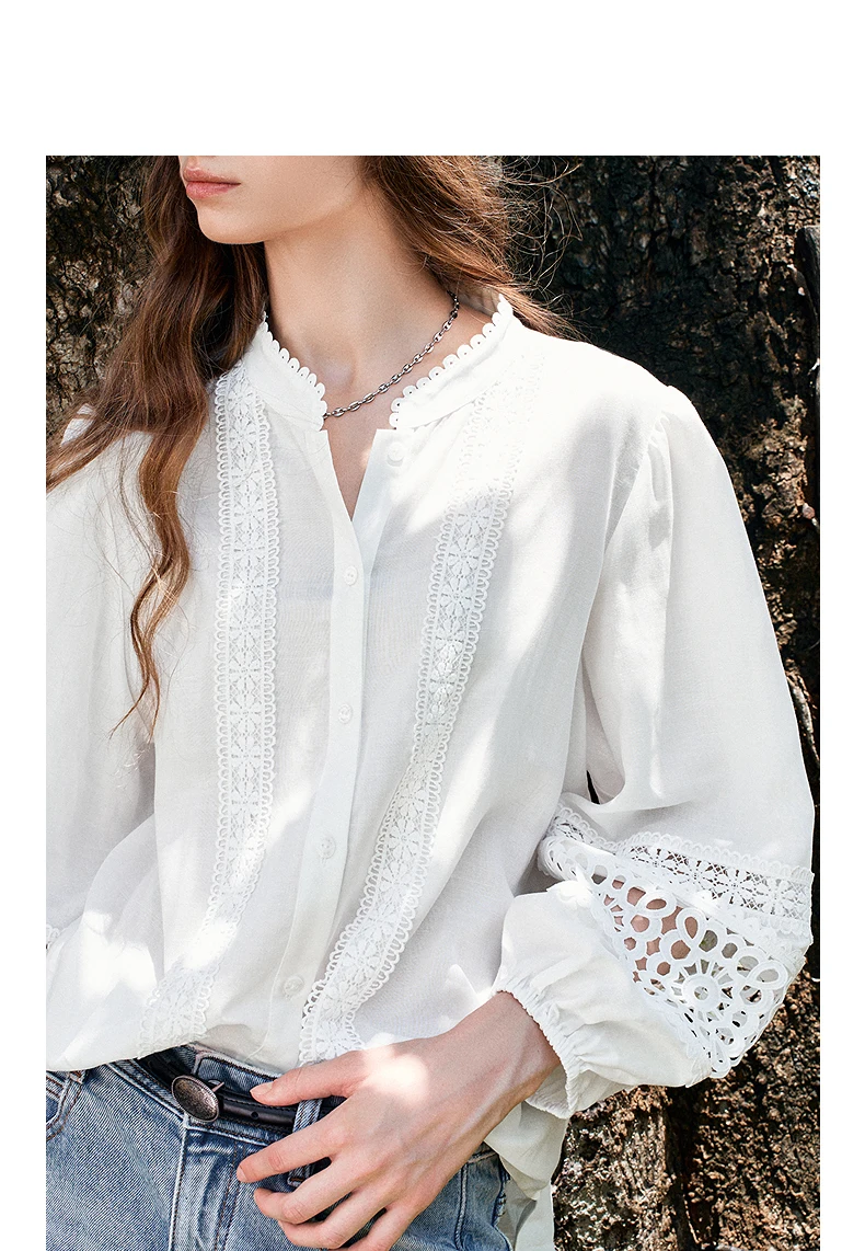 TOYOUTH Liberte Series Womens Lyocell Ramie Blouse 2026 Autumn New Lace Trim Lantern Sleeve Casual Shirt