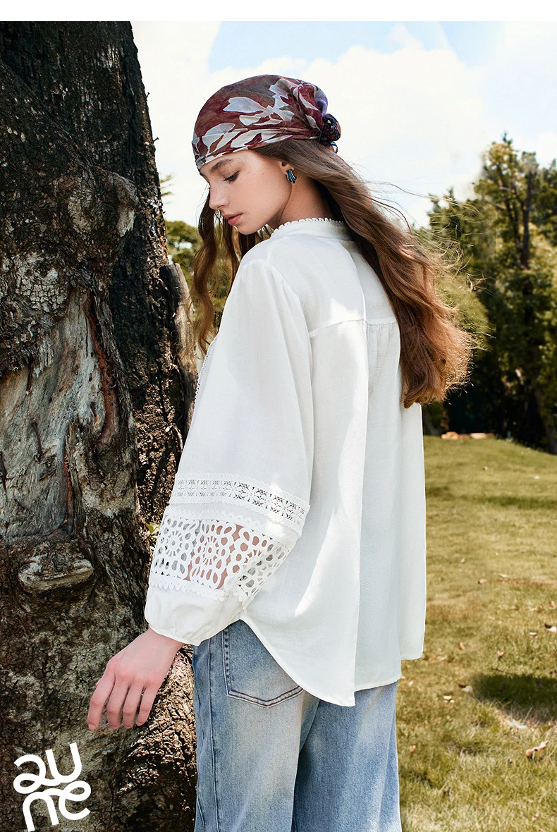 TOYOUTH Liberte Series Womens Lyocell Ramie Blouse 2026 Autumn New Lace Trim Lantern Sleeve Casual Shirt