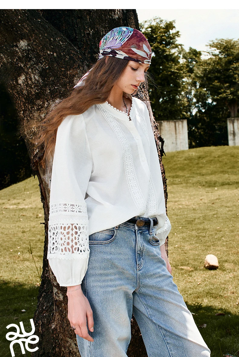 TOYOUTH Liberte Series Womens Lyocell Ramie Blouse 2026 Autumn New Lace Trim Lantern Sleeve Casual Shirt