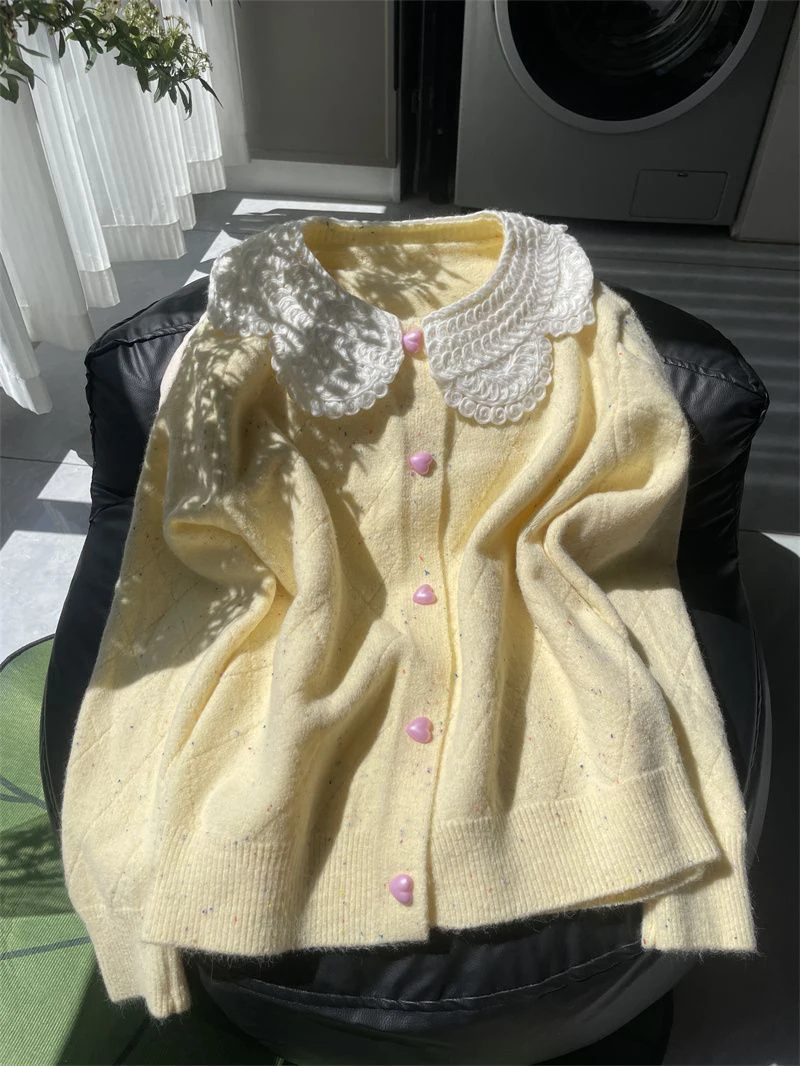 Women Lace Collar Sweet Cardigan Heart Button Knit Sweater Flecked Yarn Jumper Cute Yellow Preppy Top Winter Coat