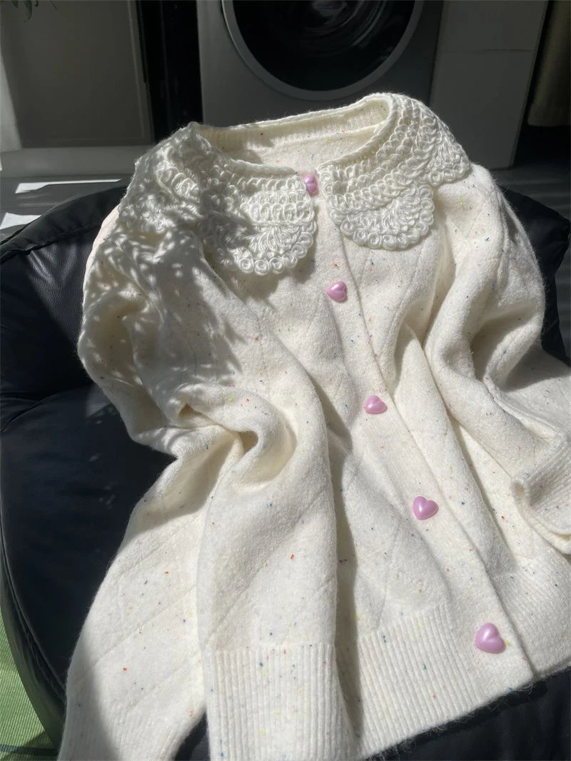 Women Lace Collar Sweet Cardigan Heart Button Knit Sweater Flecked Yarn Jumper Cute Yellow Preppy Top Winter Coat