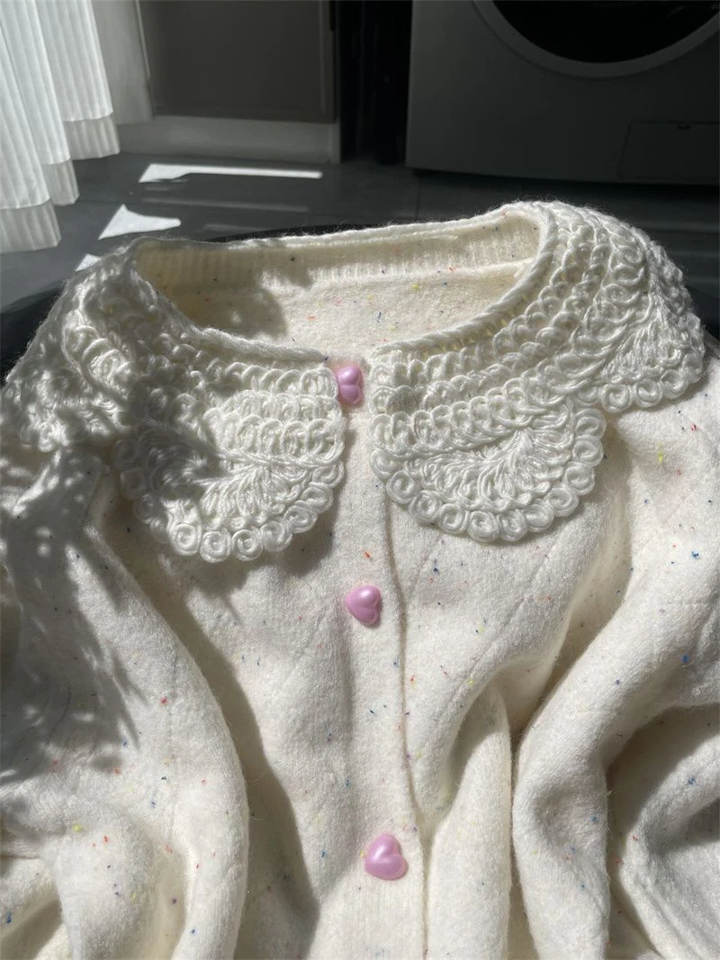 Women Lace Collar Sweet Cardigan Heart Button Knit Sweater Flecked Yarn Jumper Cute Yellow Preppy Top Winter Coat