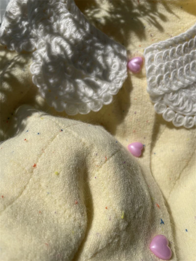 Women Lace Collar Sweet Cardigan Heart Button Knit Sweater Flecked Yarn Jumper Cute Yellow Preppy Top Winter Coat