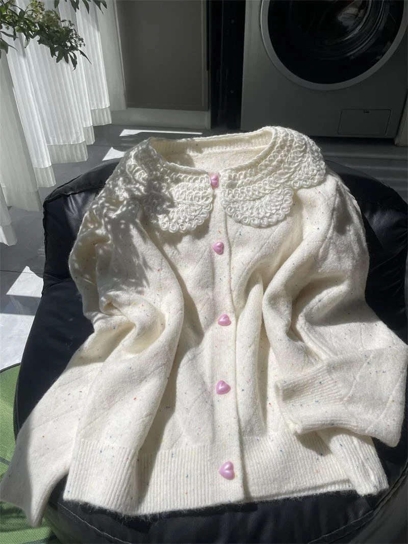 Women Lace Collar Sweet Cardigan Heart Button Knit Sweater Flecked Yarn Jumper Cute Yellow Preppy Top Winter Coat