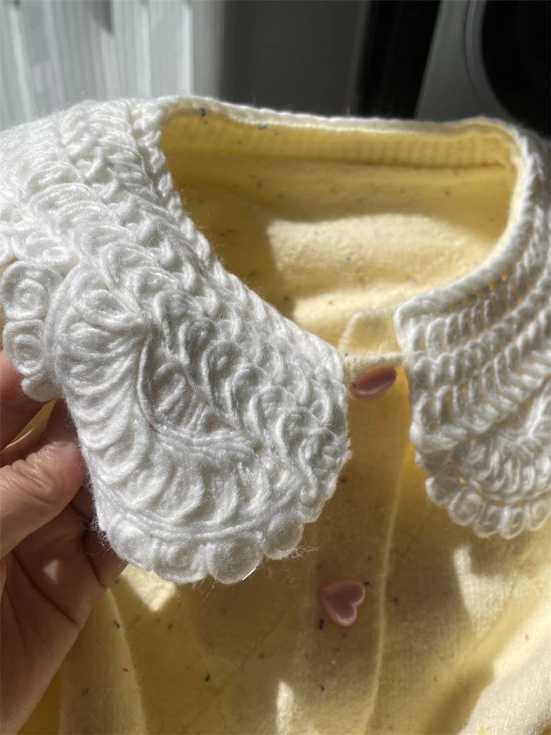 Women Lace Collar Sweet Cardigan Heart Button Knit Sweater Flecked Yarn Jumper Cute Yellow Preppy Top Winter Coat