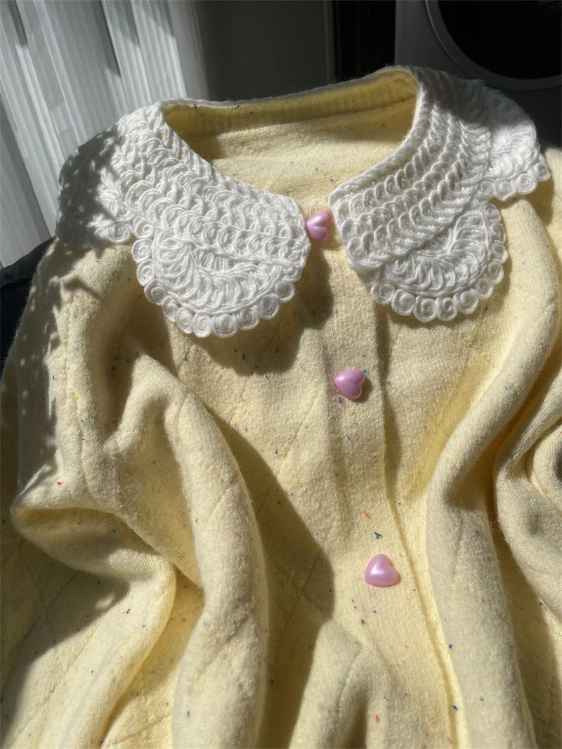 Women Lace Collar Sweet Cardigan Heart Button Knit Sweater Flecked Yarn Jumper Cute Yellow Preppy Top Winter Coat