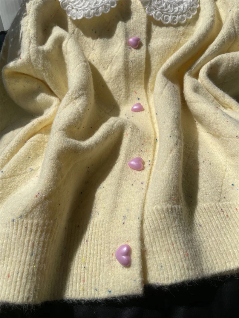 Women Lace Collar Sweet Cardigan Heart Button Knit Sweater Flecked Yarn Jumper Cute Yellow Preppy Top Winter Coat