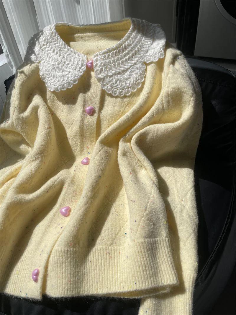 Women Lace Collar Sweet Cardigan Heart Button Knit Sweater Flecked Yarn Jumper Cute Yellow Preppy Top Winter Coat