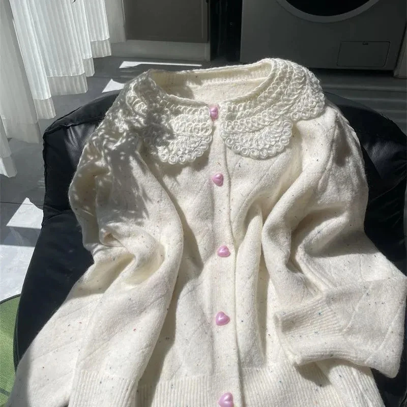 Women Lace Collar Sweet Cardigan Heart Button Knit Sweater Flecked Yarn Jumper Cute Yellow Preppy Top Winter Coat