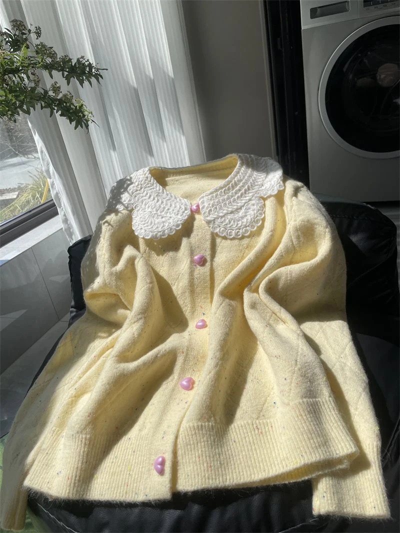 Women Lace Collar Sweet Cardigan Heart Button Knit Sweater Flecked Yarn Jumper Cute Yellow Preppy Top Winter Coat
