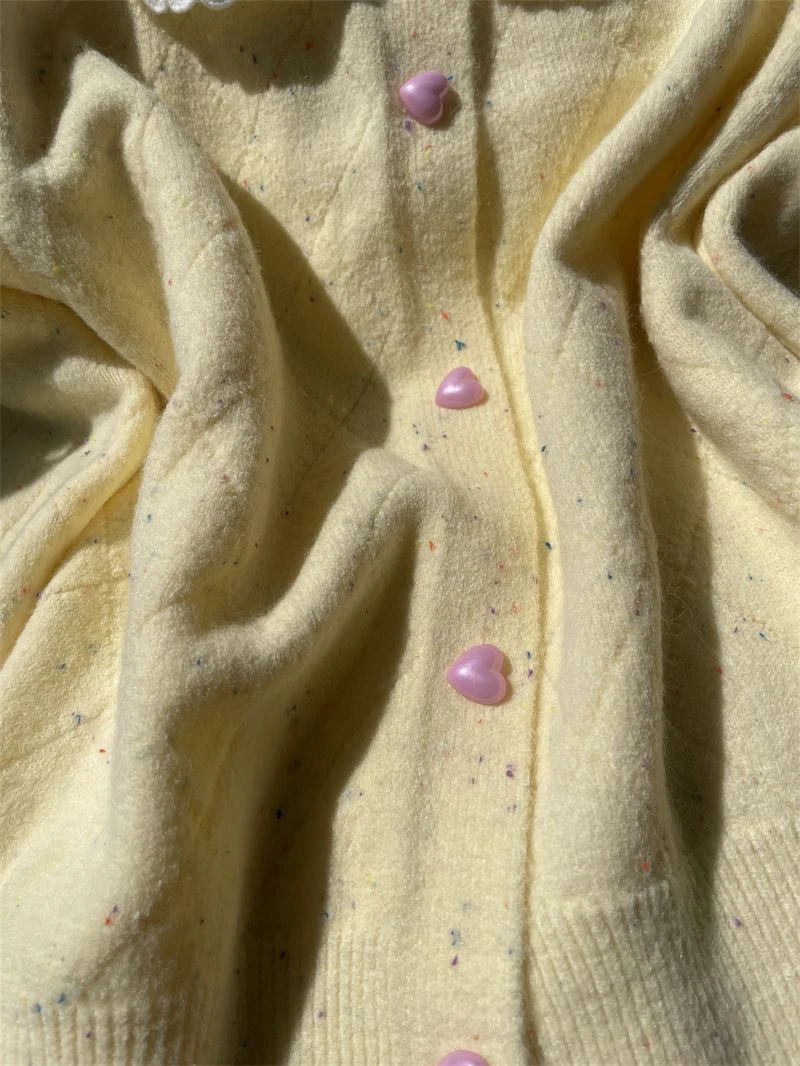 Women Lace Collar Sweet Cardigan Heart Button Knit Sweater Flecked Yarn Jumper Cute Yellow Preppy Top Winter Coat