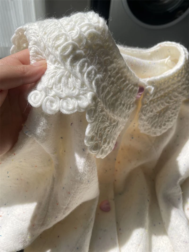 Women Lace Collar Sweet Cardigan Heart Button Knit Sweater Flecked Yarn Jumper Cute Yellow Preppy Top Winter Coat