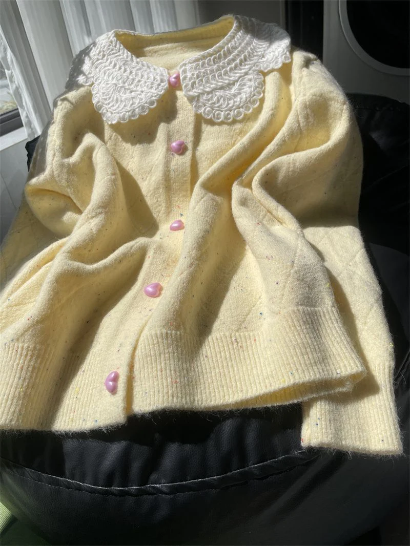 Women Lace Collar Sweet Cardigan Heart Button Knit Sweater Flecked Yarn Jumper Cute Yellow Preppy Top Winter Coat