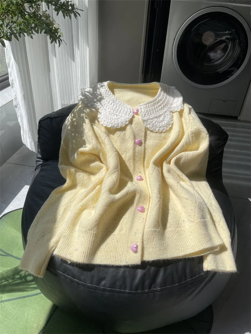 Women Lace Collar Sweet Cardigan Heart Button Knit Sweater Flecked Yarn Jumper Cute Yellow Preppy Top Winter Coat