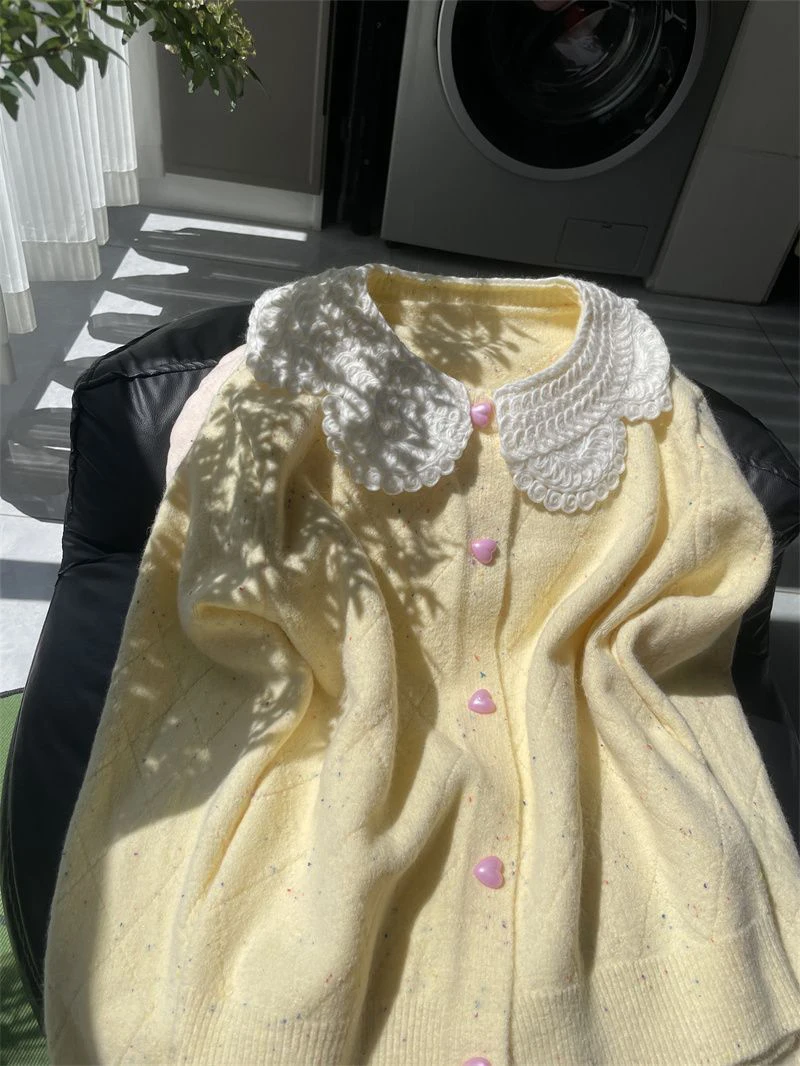 Women Lace Collar Sweet Cardigan Heart Button Knit Sweater Flecked Yarn Jumper Cute Yellow Preppy Top Winter Coat