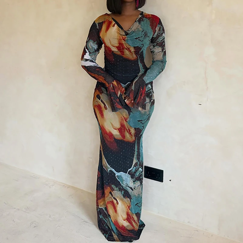 Chic Color Blocked Irregular Hug Hip Dress Fashion Print Off Shoulder Banquet Dress Elegant Slant Collar Long Sleeved Slim Dress