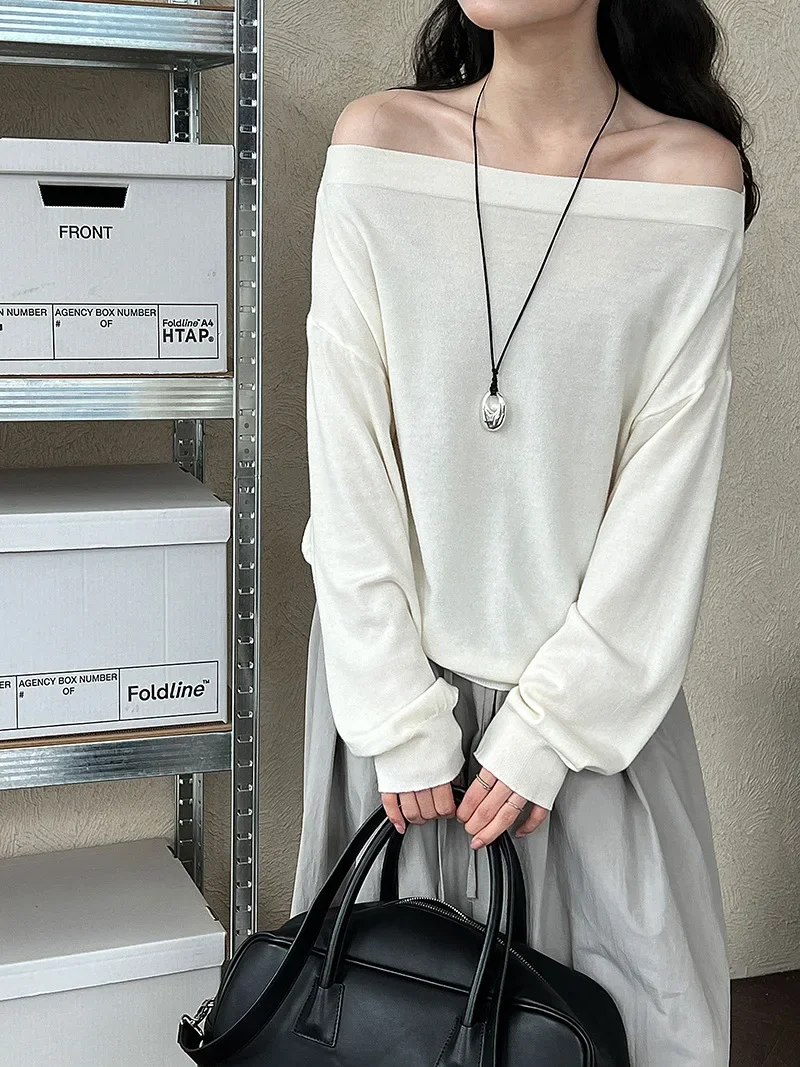 Off Shoulder Knit Pullover for Women Sexy Long Sleeve Autumn Casual Sweater Top
