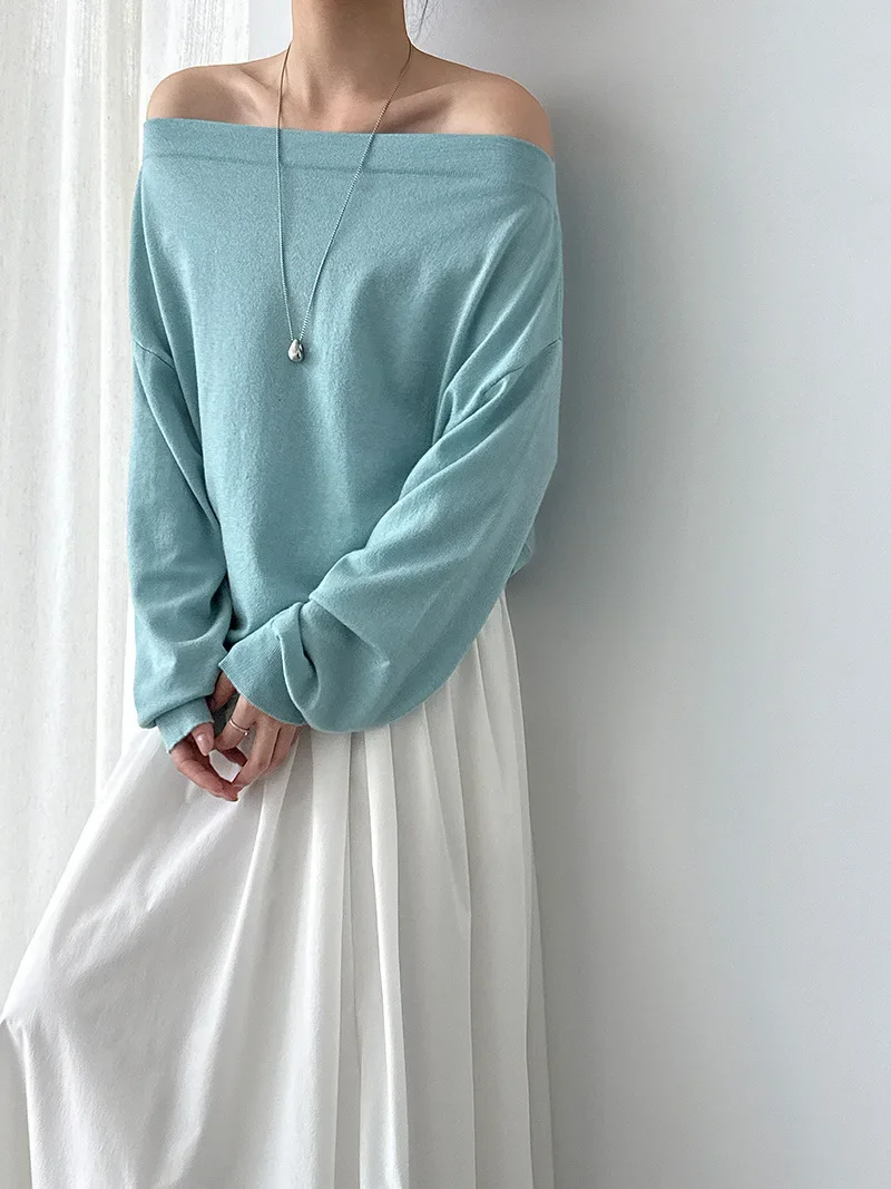 Off Shoulder Knit Pullover for Women Sexy Long Sleeve Autumn Casual Sweater Top