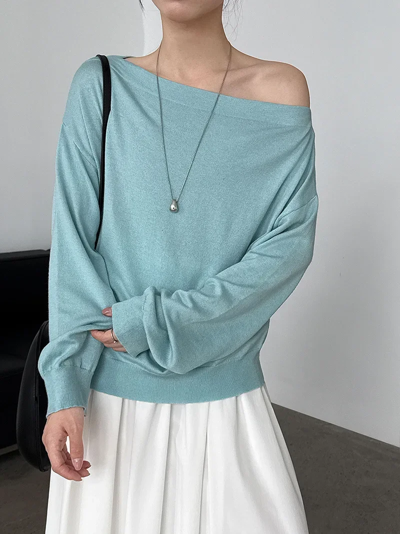 Off Shoulder Knit Pullover for Women Sexy Long Sleeve Autumn Casual Sweater Top