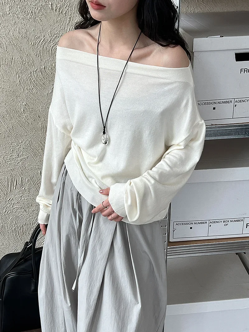 Off Shoulder Knit Pullover for Women Sexy Long Sleeve Autumn Casual Sweater Top