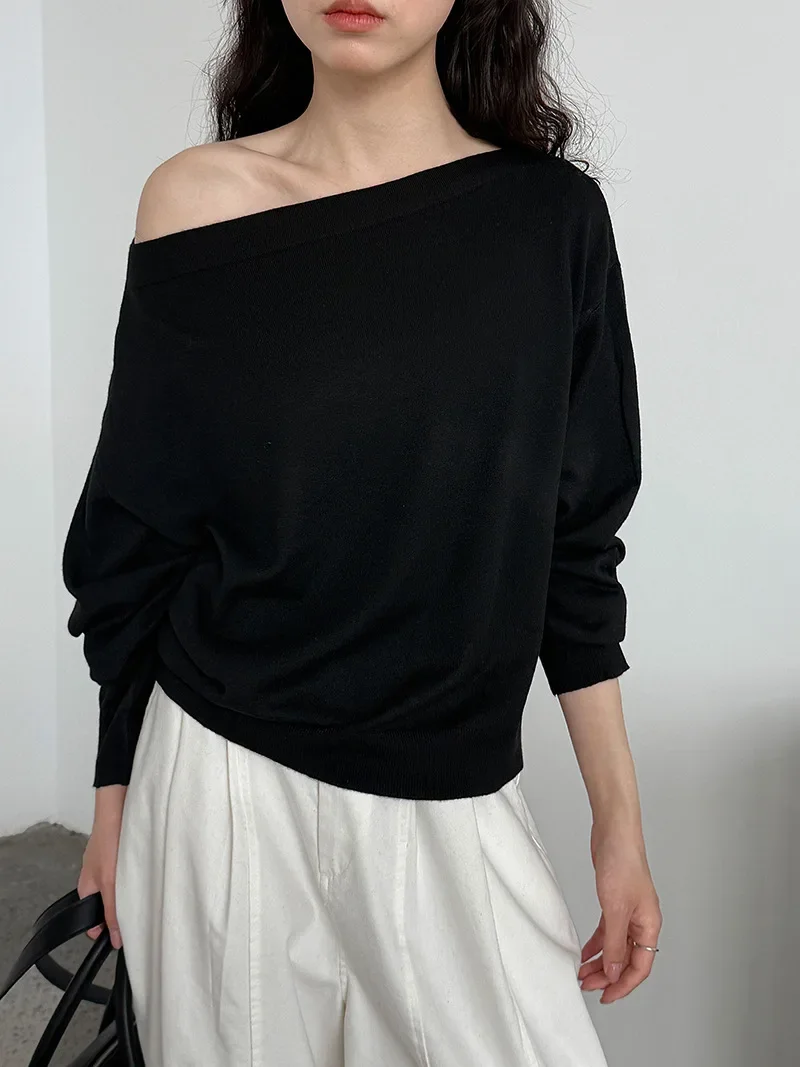 Off Shoulder Knit Pullover for Women Sexy Long Sleeve Autumn Casual Sweater Top