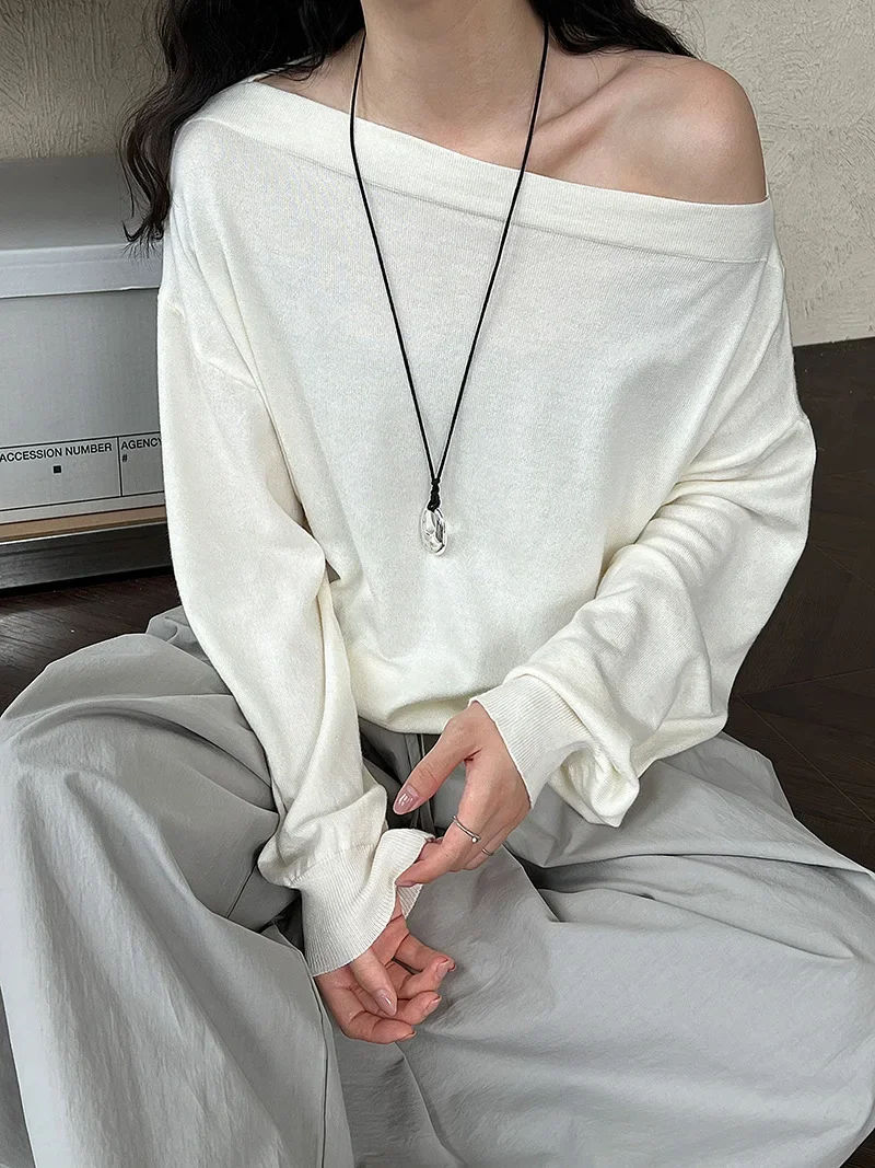 Off Shoulder Knit Pullover for Women Sexy Long Sleeve Autumn Casual Sweater Top
