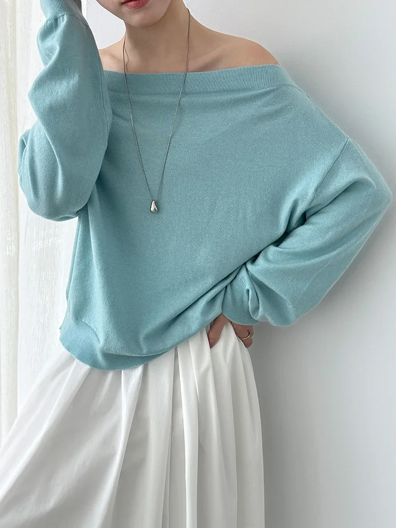 Off Shoulder Knit Pullover for Women Sexy Long Sleeve Autumn Casual Sweater Top
