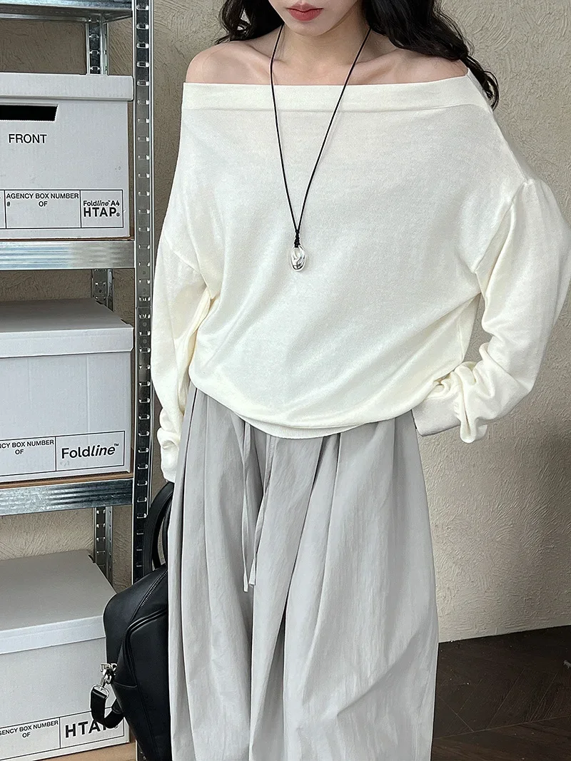 Off Shoulder Knit Pullover for Women Sexy Long Sleeve Autumn Casual Sweater Top