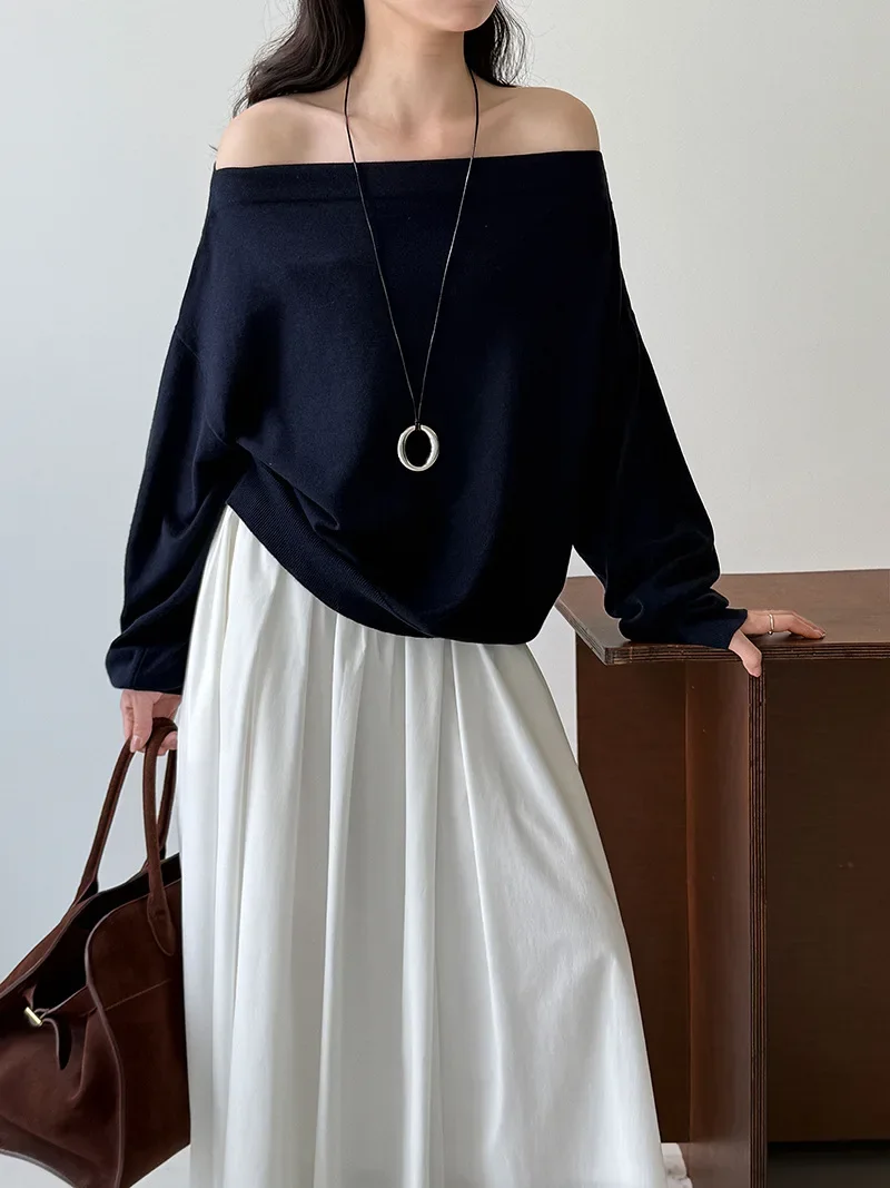 Off Shoulder Knit Pullover for Women Sexy Long Sleeve Autumn Casual Sweater Top